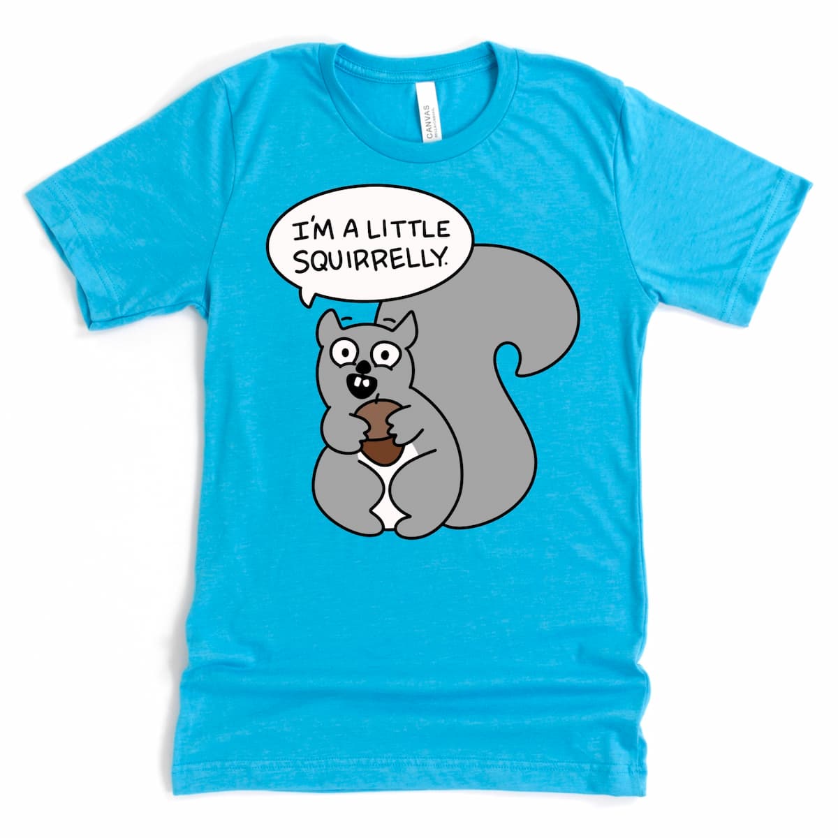 Heather aqua cartoon squirrel tee with nutty squirrel illustration and speech bubble – Kalirally