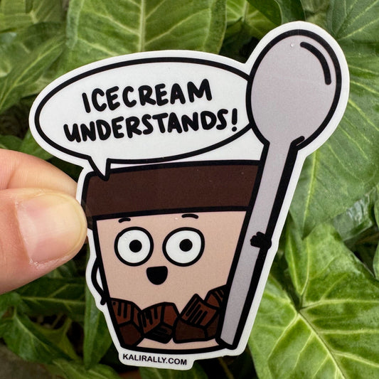 Playful water bottle sticker with cartoon ice cream – “Icecream understands!” decal for water bottles and laptops by Kalirally