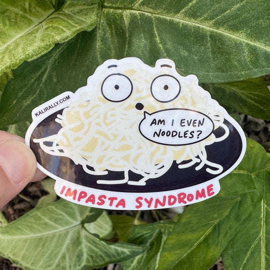 Cartoon plate of buttered spaghetti impasta syndrome sticker, funny mental health pasta pun decal Kalirally
