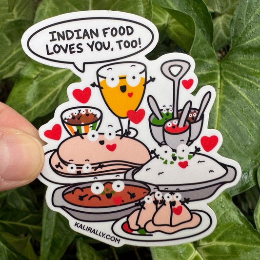 A picture of a 3x3" vinyl Indian Food Sticker – Cartoon "Indian food loves you, too!" Decal by Kalirally.