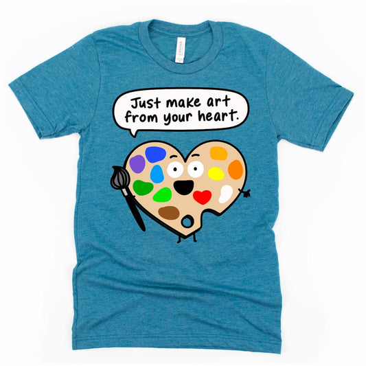 Inspiring art teacher graphic tee with cartoon palette and motivational message in Heather Dark Teal by Kalirally