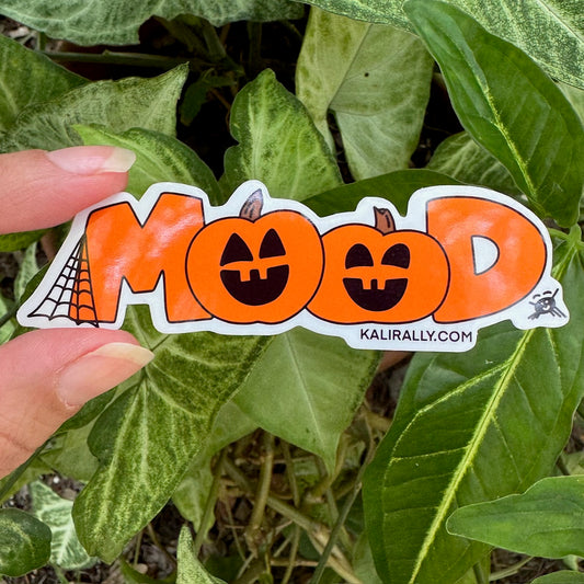 Jack-O-Lantern Sticker with cartoon pumpkins forming the word “MOOD” and a little spider period, Halloween decal by Kalirally