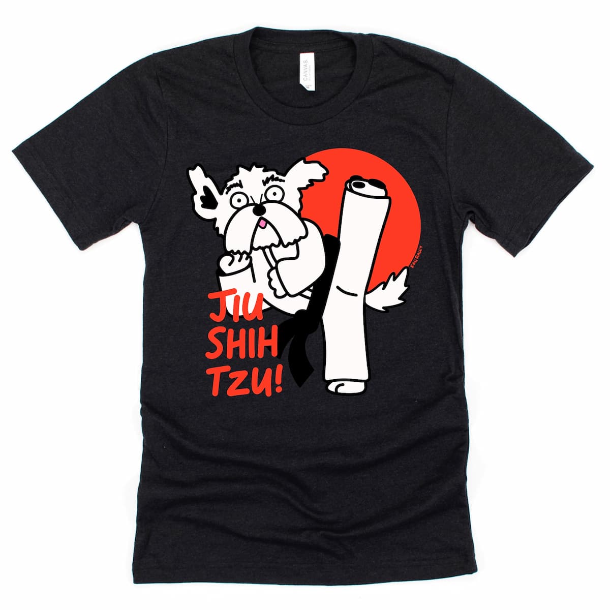 Cartoon Shih Tzu doing jiu jitsu on a funny BJJ shirt, playful martial arts dog design Kalirally