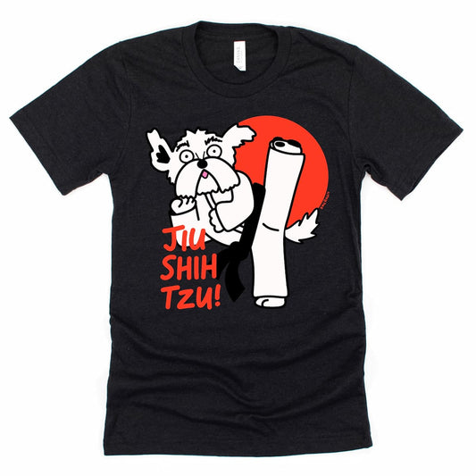 Cartoon Shih Tzu doing jiu jitsu on a funny BJJ shirt, playful martial arts dog design Kalirally