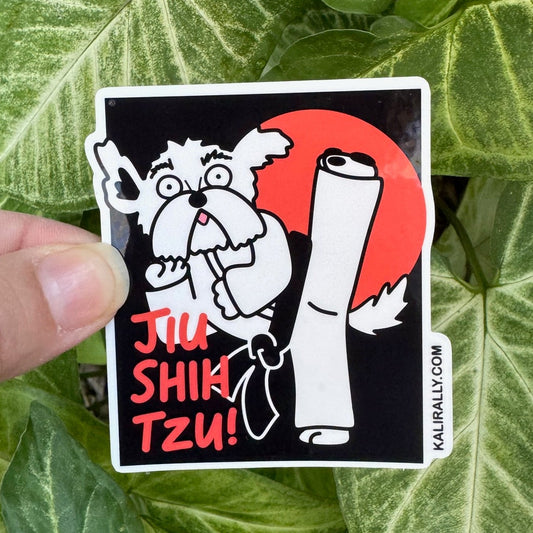 Cartoon Shih Tzu dog doing jiu jitsu in a playful martial arts pose, funny waterproof sticker for dog lovers and grapplers by Kalirally
