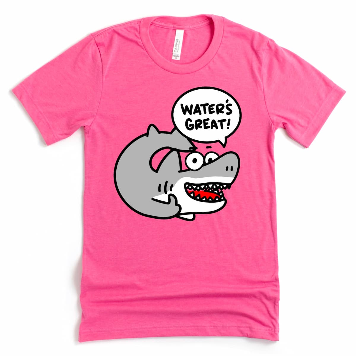 Heather charity pink shark tee by Kalirally shown flat with a smiling cartoon shark exclaiming “Water’s great!” – fun summer graphic shirt.