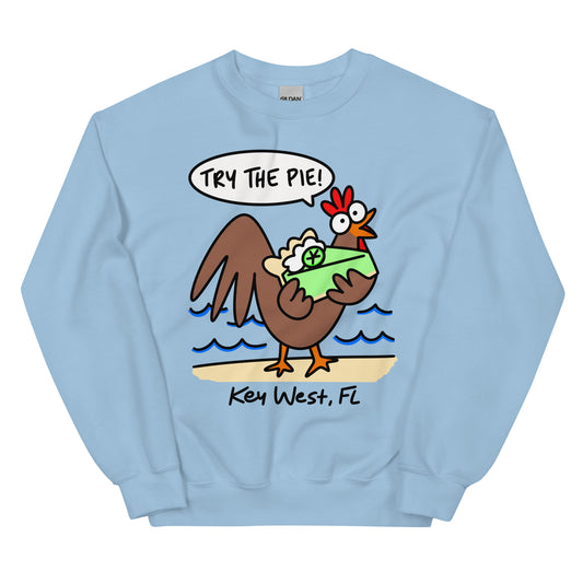 Here's an light blue sweatshirt with a cartoon rooster saying, "Try the pie!" offering a piece of key lime pie to the viewer. It says Key West, FL on the bottom of the shirt.
