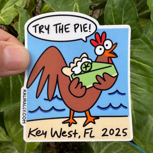 Key West Sticker Souvenir - A cartoon rooster holding up a piece of Key Lime Pie that says, "Try the pie!", by Kalirally.