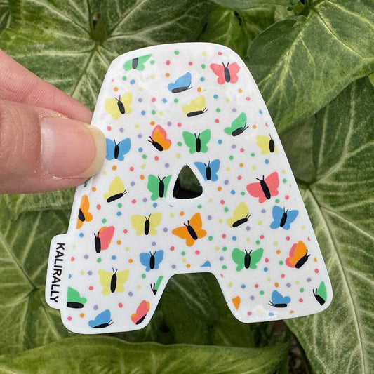 Letter A of the Butterfly Confetti letter sticker set featuring vibrant, colorful alphabet stickers and initial decals, water resistant for scrapbooks, journals, and planners Kalirally