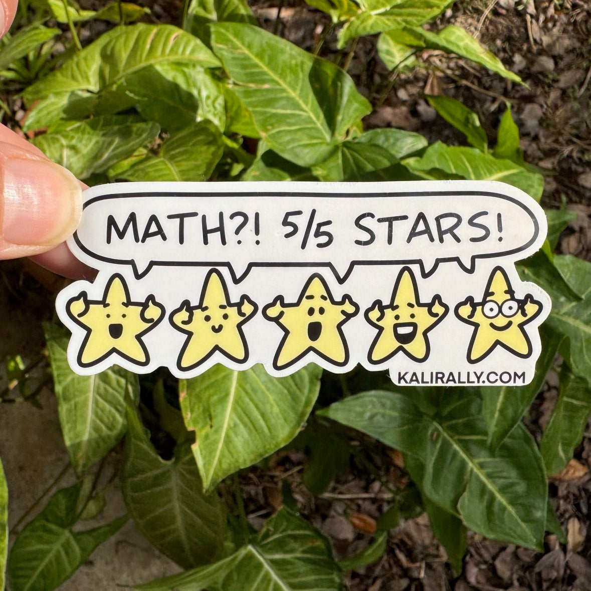 Glossy vinyl water bottle sticker by Kalirally featuring “Math!? 5/5 Stars!” with five thumbs-up stars, perfect for laptops, bottles, notebooks, and gifts.