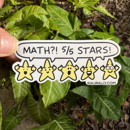 Glossy vinyl water bottle sticker by Kalirally featuring “Math!? 5/5 Stars!” with five thumbs-up stars, perfect for laptops, bottles, notebooks, and gifts.