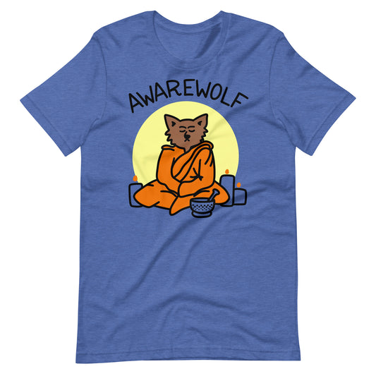 Unleash your inner Awarewolf with this punny t shirt perfect for meditation or yoga enthusiasts. Featuring a Buddhist-robed warewolf, it's a playful addition to full moon yoga or Halloween (or any day, really). Stay present, stay aware, and get howling in style.