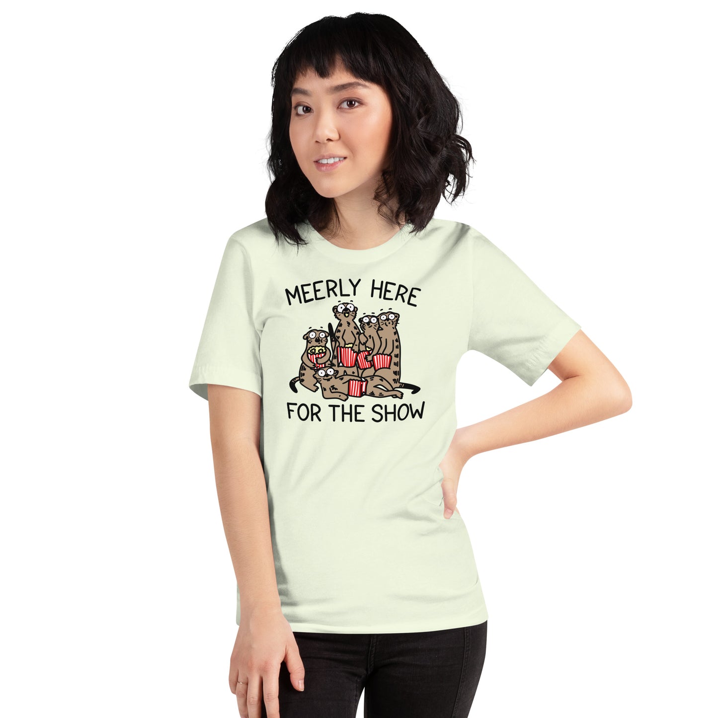 Unleash your inner animal lover with our Meerly Here for the Show t-shirt! Featuring a mob of meerkats with popcorn in hand, this meme shirt is perfect for teachers, nurses, and anyone who loves a good drama. Universally relatable and sure to make a statement, this shirt is a must-have for your wardrobe!