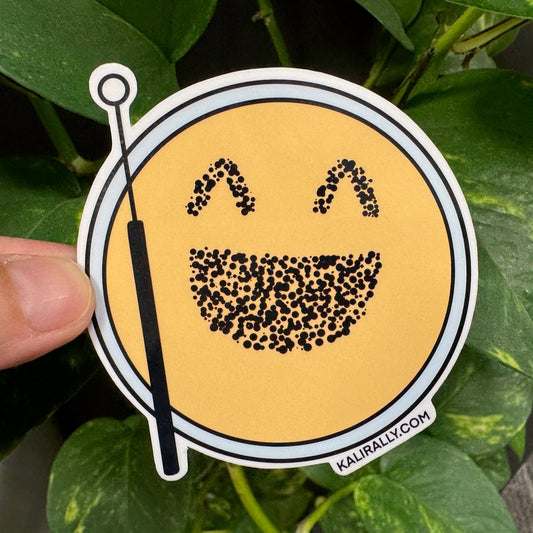 Microbiology Sticker by Kalirally featuring “Happy Culture” smiling Petri dish, glossy vinyl water bottle sticker, perfect for laptops, bottles, notebooks, and gifts.