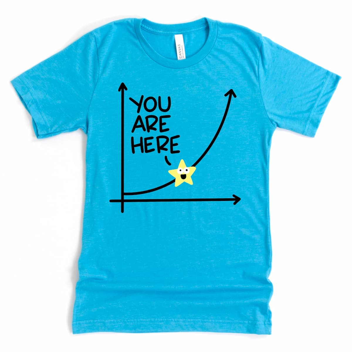Heather aqua motivational graphic tee with exponential growth curve and star marked “You Are Here,” inspirational self-growth shirt by Kalirally