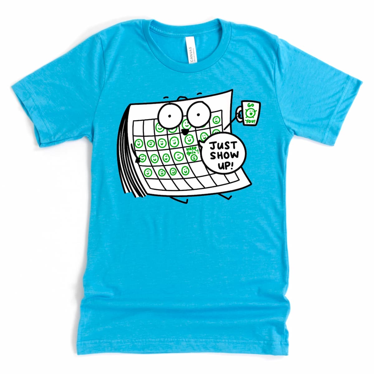 Motivational Habit-Building Shirt in Heather Aqua with smiling calendar and positive coffee mug design, by Kalirally