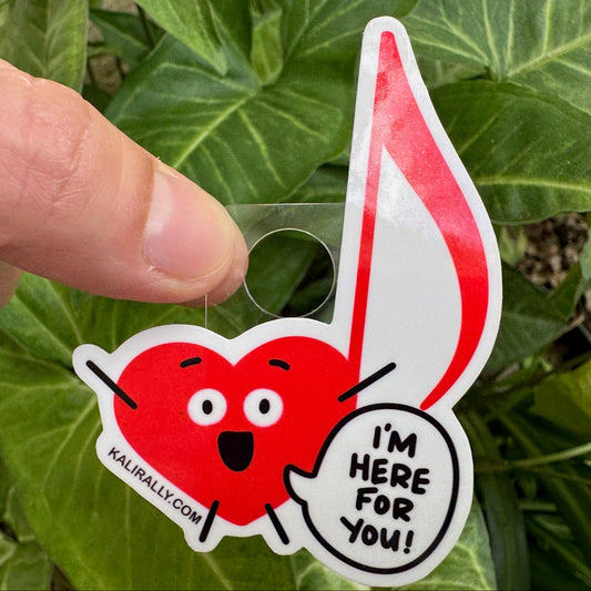 Music Sticker with cartoon music note and phrase “I'm here for you!”, fun musical decal by Kalirally.