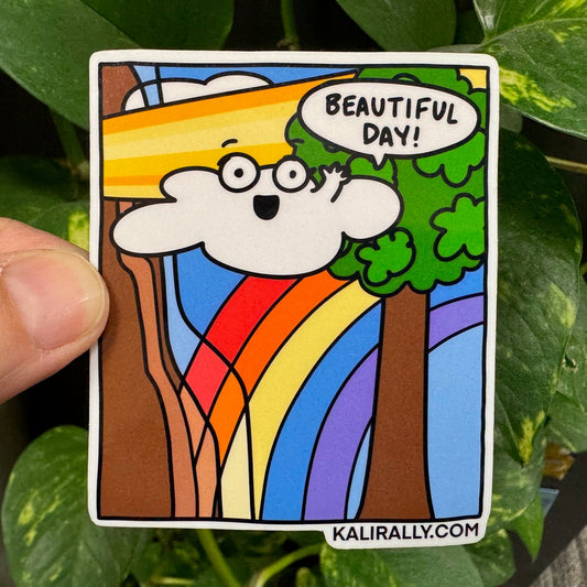 Nature Sticker by Kalirally featuring “Beautiful Day” with a cartoon cloud, tree, and rainbow, glossy vinyl water bottle sticker, perfect for laptops, bottles, notebooks, and gifts.