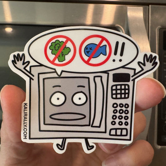 No Fish No Broccoli microwave cartoon sticker showing a microwave scared of what's coming for it - approx 3" on longest side