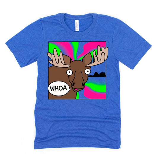 Northern Lights shirt featuring a cute cartoon moose saying “WHOA” under the northern lights, heather royal blue T-shirt Kalirally