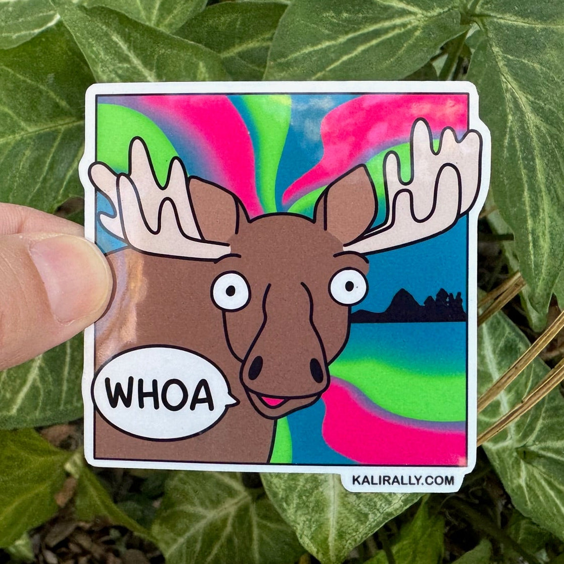 Cartoon moose sticker under northern lights, whimsical water resistant decal for animal and nature lovers by Kalirally