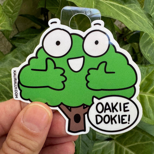 Oak tree vinyl sticker, cute cartoon Oakie Dokie play on Okie Dokie decal for water bottles and laptops by Kalirally