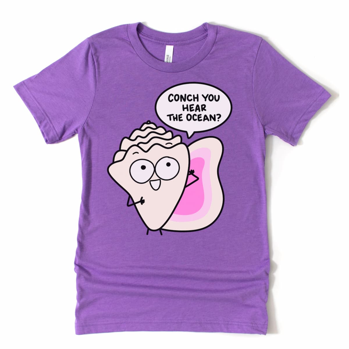 Playful beach t-shirt with conch shell cartoon and witty pun design, displayed in Heather Purple by Kalirally