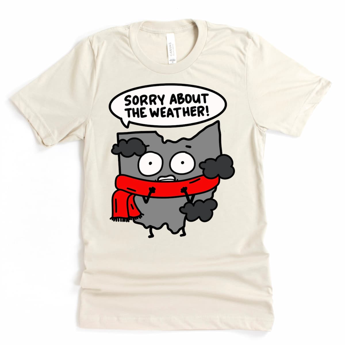 Heather Dust Ohio T-Shirt featuring playful guilty “Sorry About the Weather” Ohio character design by Kalirally