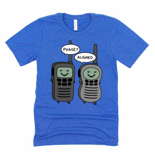 Cartoon walkie talkies “phase aligned” shirt in heather royal blue, funny STEM or audiophile tee Kalirally