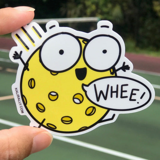 Pickleball Sticker with cartoon pickleball and the phrase “Whee!”, fun sports decal by Kalirally.