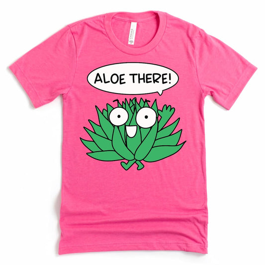 Playful aloe plant cartoon shirt with “Aloe there!” design in Heather Charity Pink by Kalirally