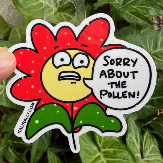 Playful water bottle sticker with cartoon flower – “Sorry about the pollen!” decal for water bottles and laptops by Kalirally