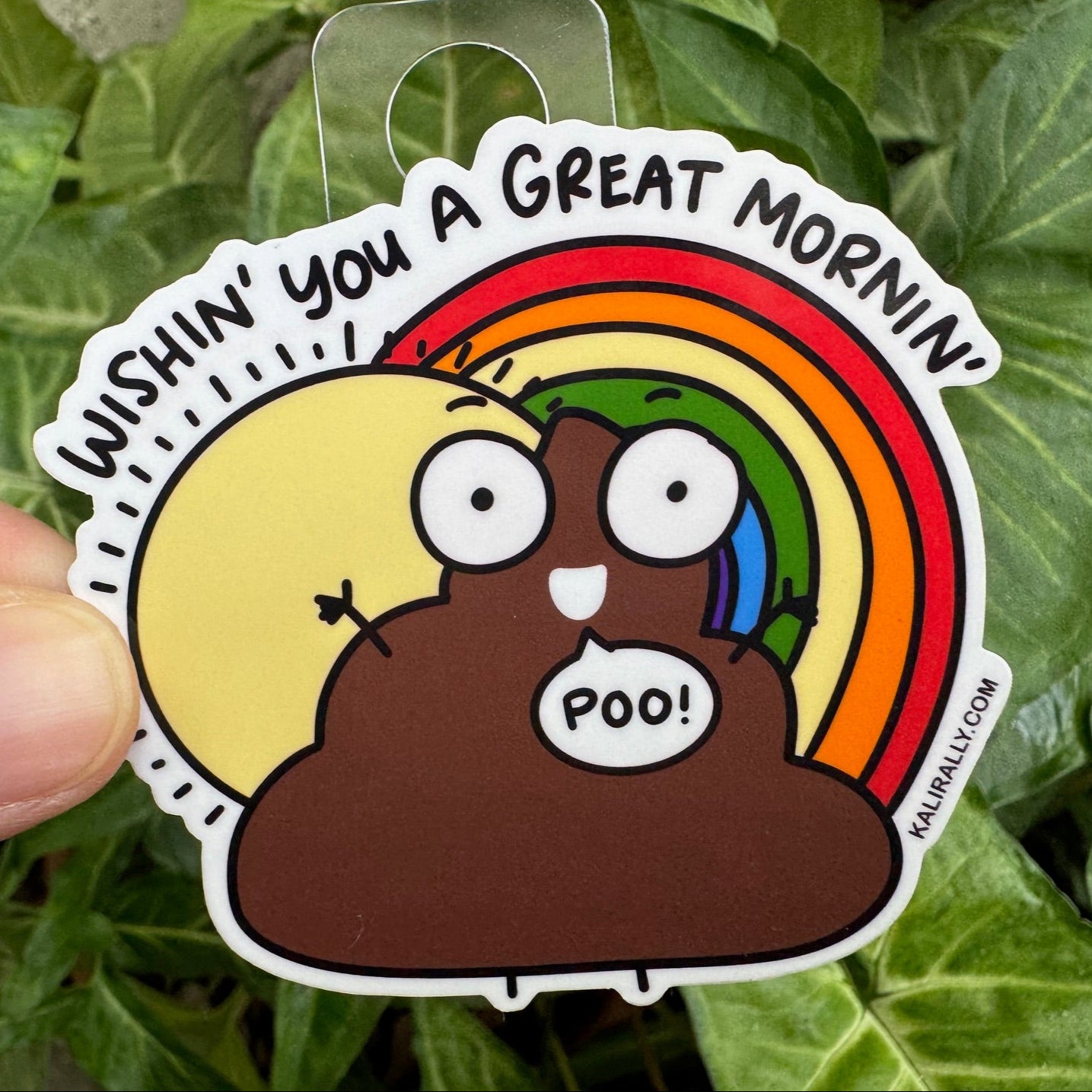 Playful water bottle sticker with cartoon poop – “Wishin you a great mornin’ poo!” decal for water bottles and laptops by Kalirally