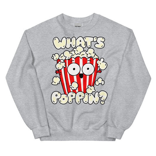 Stay cozy and stylish with this Funny Popcorn Sweatshirt. Featuring a quirky "What's poppin!?" design, this sweatshirt is perfect for anyone who loves a good play on words. Made with comfortable material, it's the perfect choice for a casual day out or a movie night in.