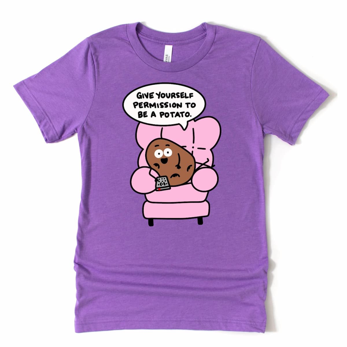 Potato Self Care Shirt in Heather Purple with cartoon potato in recliner and “Permission to be a potato” design, by Kalirally
