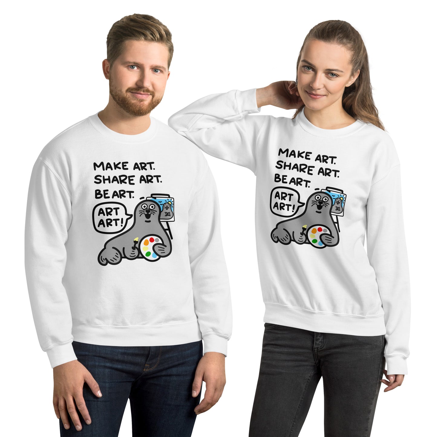 Celebrate the power of art with our "Make art, share art, be art - ART ART!" sweatshirt. Featuring a playful seal clutching a color palette and creating a work in progress, this shirt will unleash laughter and imaginative vibes. Perfect for gifting to an art teacher or showing off your own artistic spirit. Get yours today!