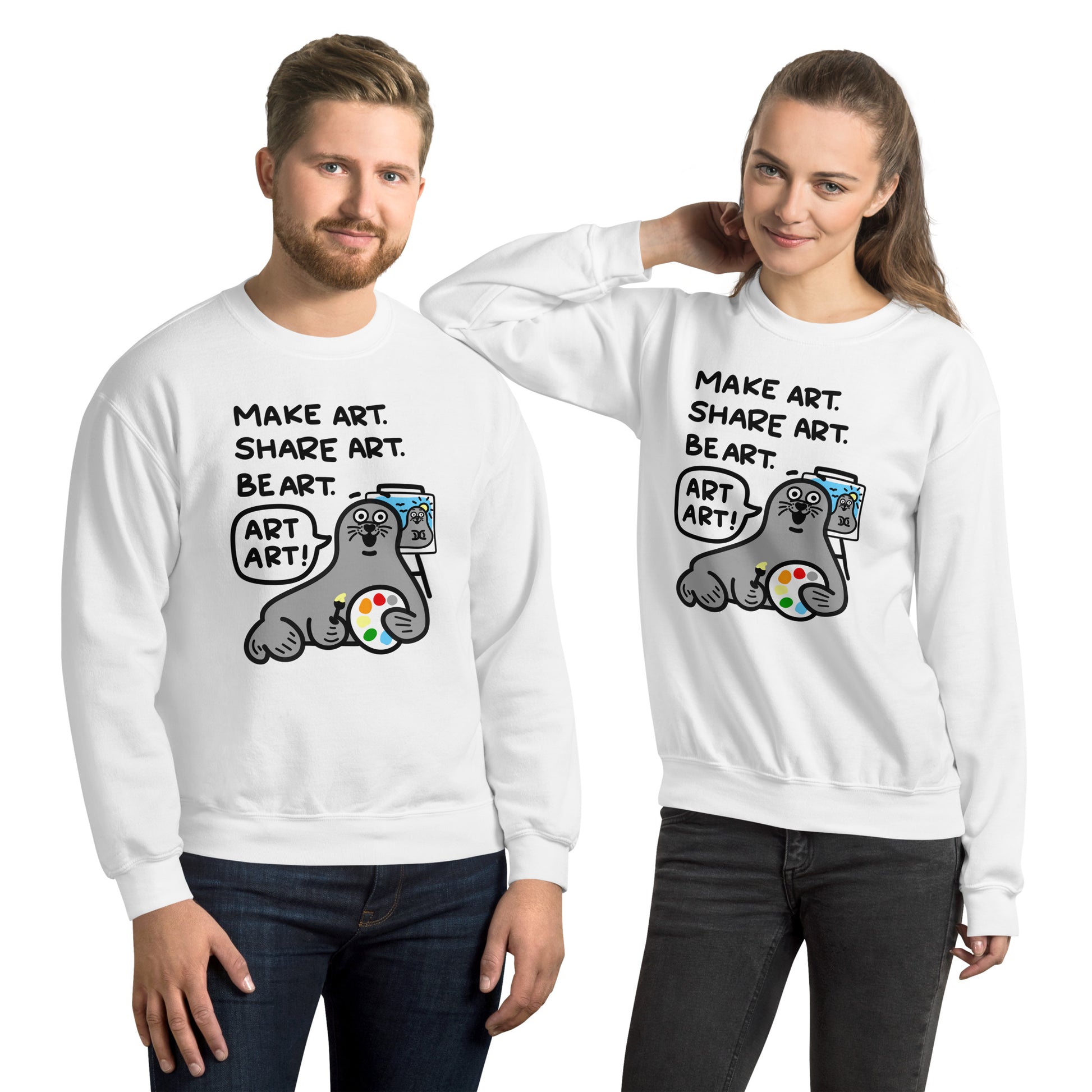 Celebrate the power of art with our "Make art, share art, be art - ART ART!" sweatshirt. Featuring a playful seal clutching a color palette and creating a work in progress, this shirt will unleash laughter and imaginative vibes. Perfect for gifting to an art teacher or showing off your own artistic spirit. Get yours today!