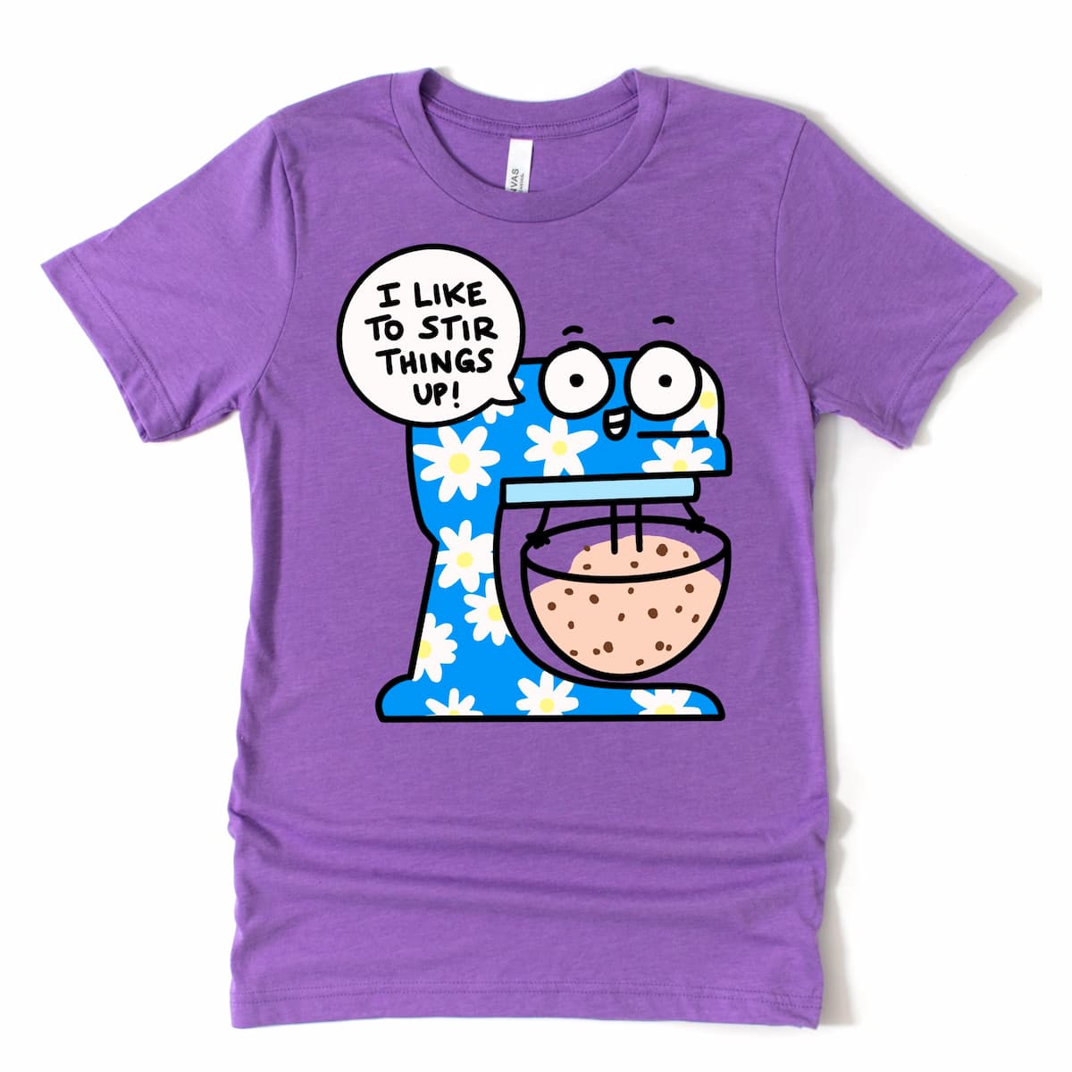 Punny baking t-shirt with cartoon standing mixer in Heather Purple by Kalirally