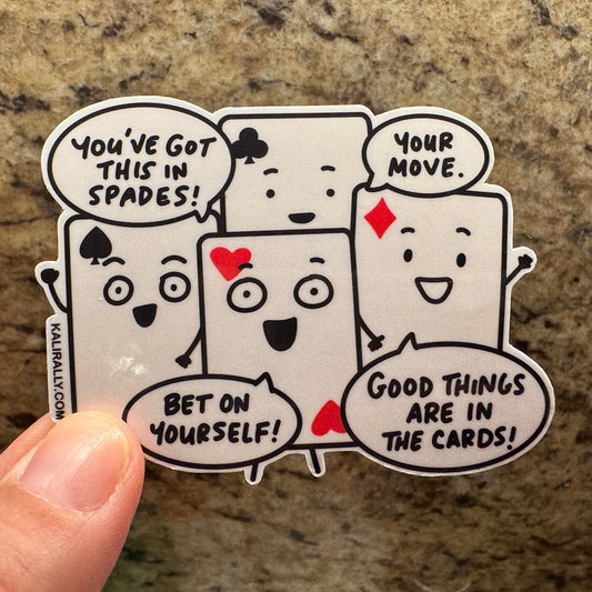 Cartoon playing cards sticker featuring four cards with clever puns, water resistant decal for card players and pun lovers Kalirally
