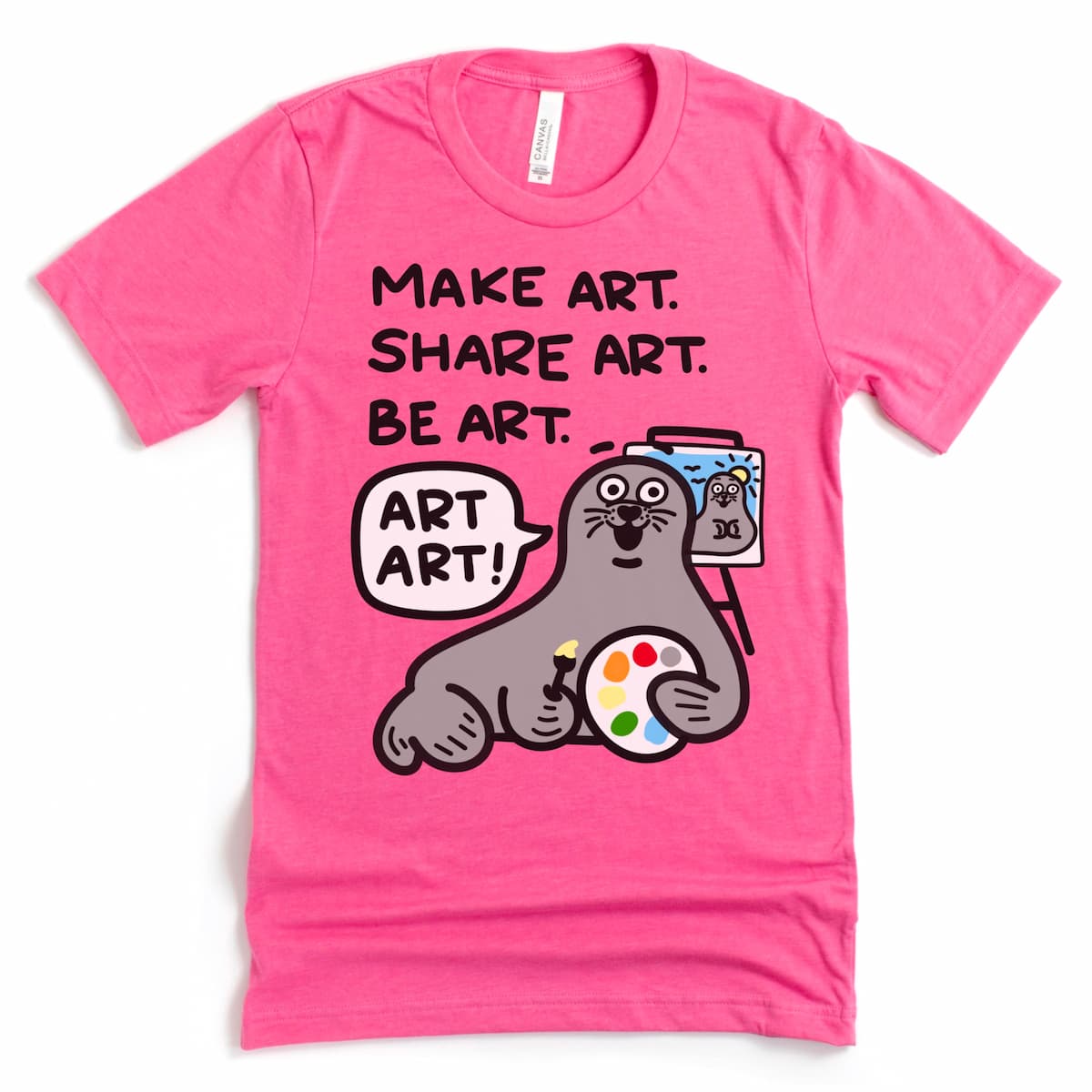 Charity Pink punny seal t-shirt with art-themed illustration “Make Art Share Art Be Art… Art Art!” by Kalirally
