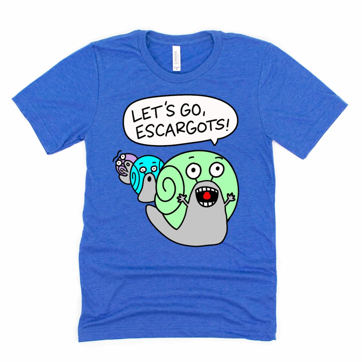 Blue snail pun shirt with three cartoon escargots and “Let’s Go, Escargots!” text, fun quirky tee by Kalirally