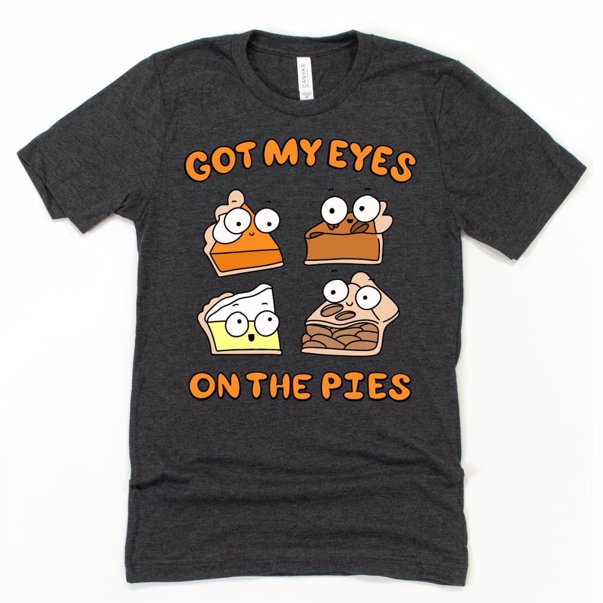 Quirky pie humor t-shirt with cartoon pumpkin, pecan, lemon meringue, and apple pie in Heather Dark Grey by Kalirally