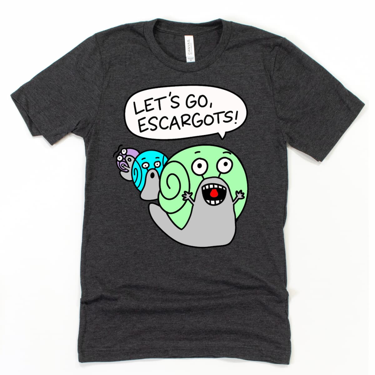 Dark grey escargot pun t shirt with cartoon snails and “Let’s Go, Escargots!” slogan, weird and fun shirt by Kalirally