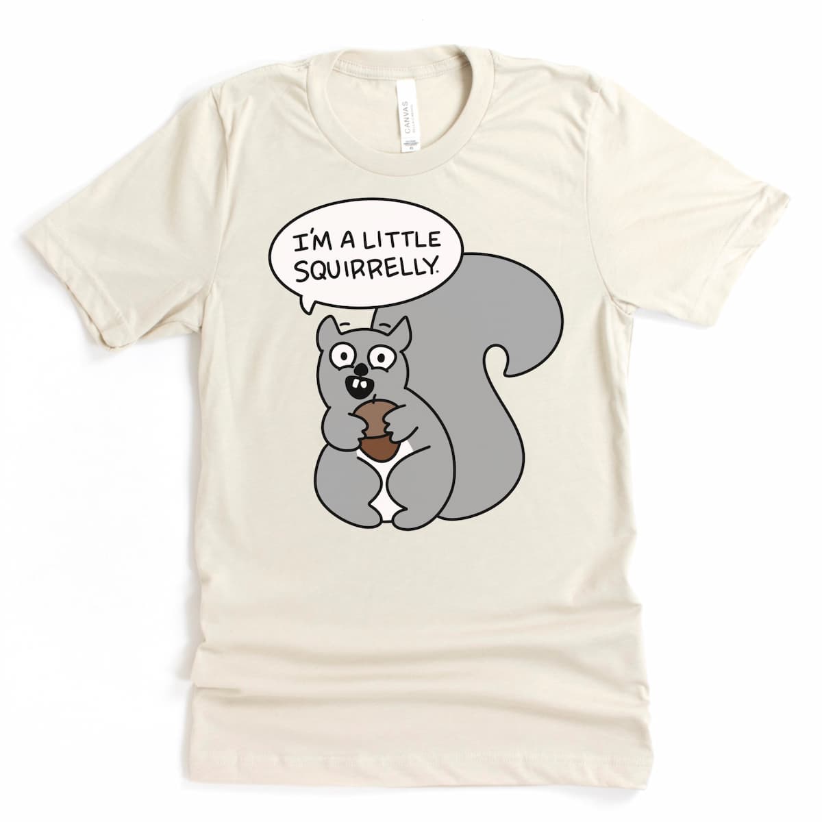 Quirky cartoon squirrel shirt in soft heather dust with acorn and speech bubble – Kalirally