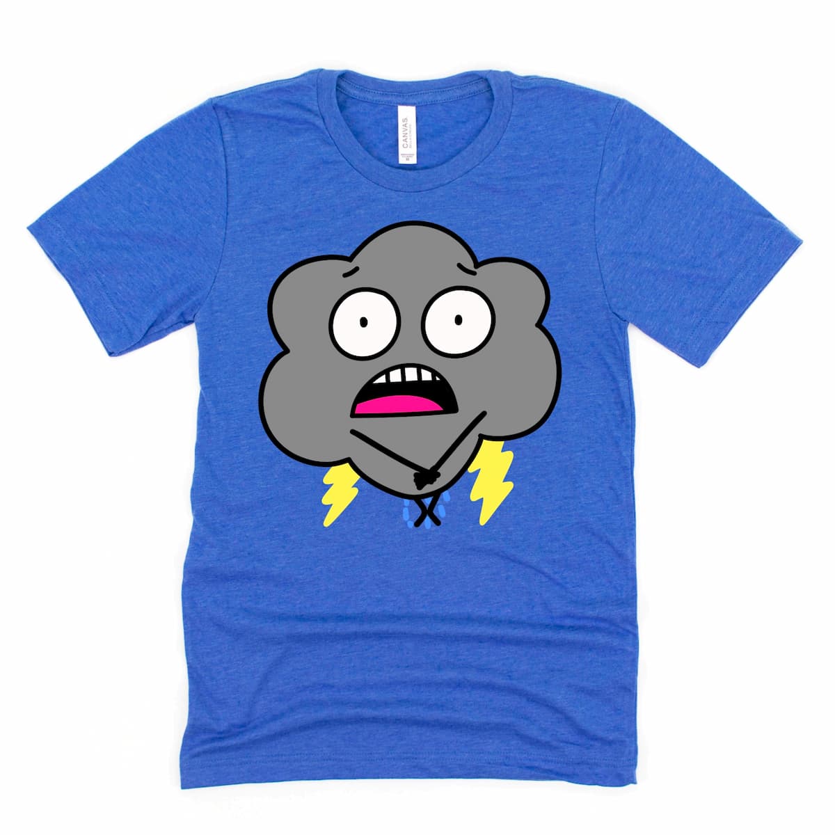 Raincloud Shirt in Heather Royal Blue featuring cartoon raincloud potty dance design, by Kalirally