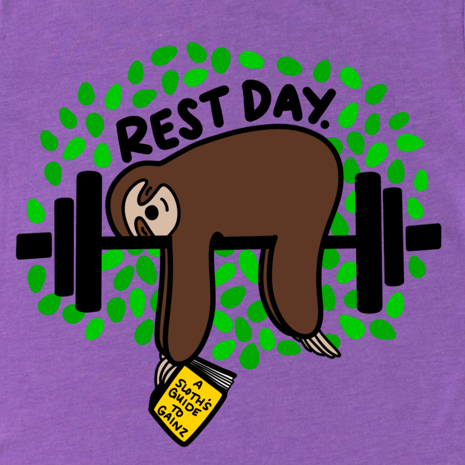 Close up of a Purple t-shirt with a sloth holding a barbell and 'REST DAY' text, by Kalirally
