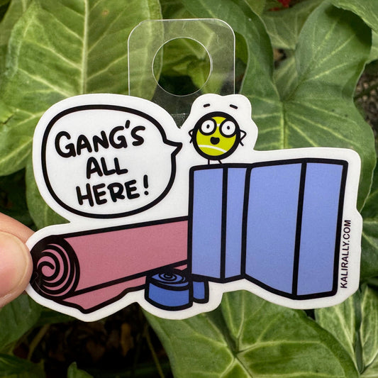 Vinyl Restorative Yoga Sticker – “Gang’s all here!” cartoon yoga decal by Kalirally.