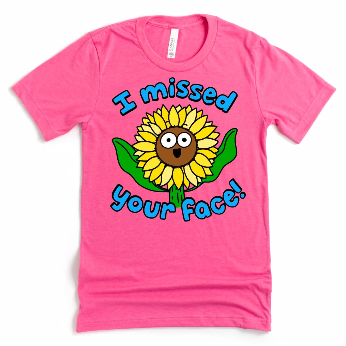 Fun Reunion t-shirt in heather charity pink featuring a happy daisy and the phrase “I missed your face!” – Kalirally