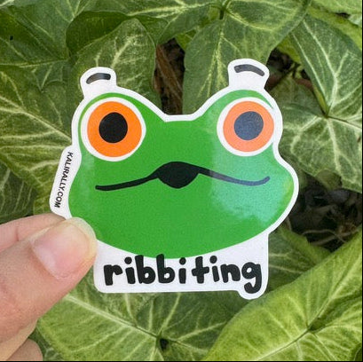 A photo of a vinyl frog sticker with 'ribbiting' written underneath, held over green leaves, hand-drawn by Kalirally