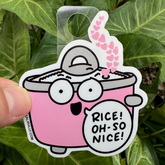 Rice vinyl sticker, “Rice is Nice!” cartoon rice cooker decal for water bottles and laptops by Kalirally